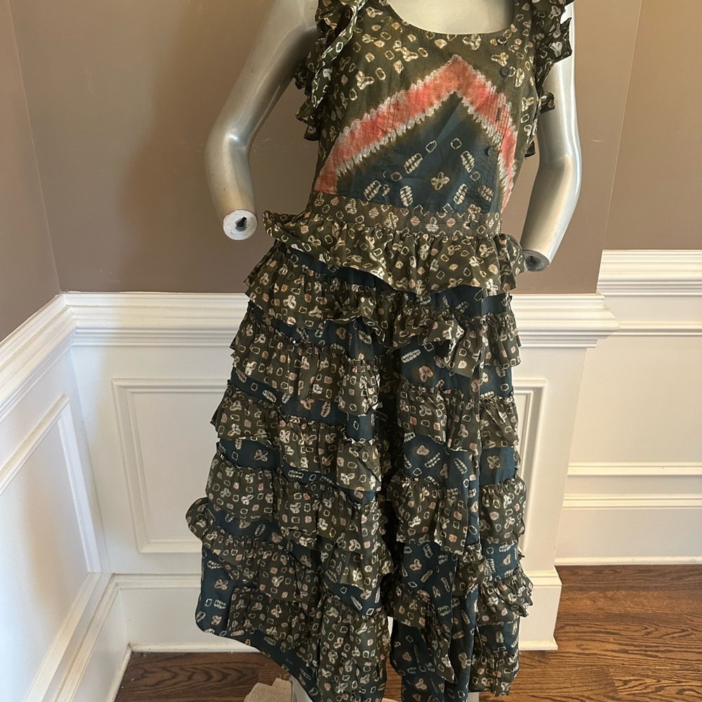 NWD ULLA JOHNSON Tiered Ruffle Midi Dress Multicolred Sz 8